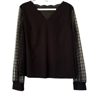 🍀3 for $25 Black Dressy Top Scalloped V Neckline Sheer Sleeves Size XXL